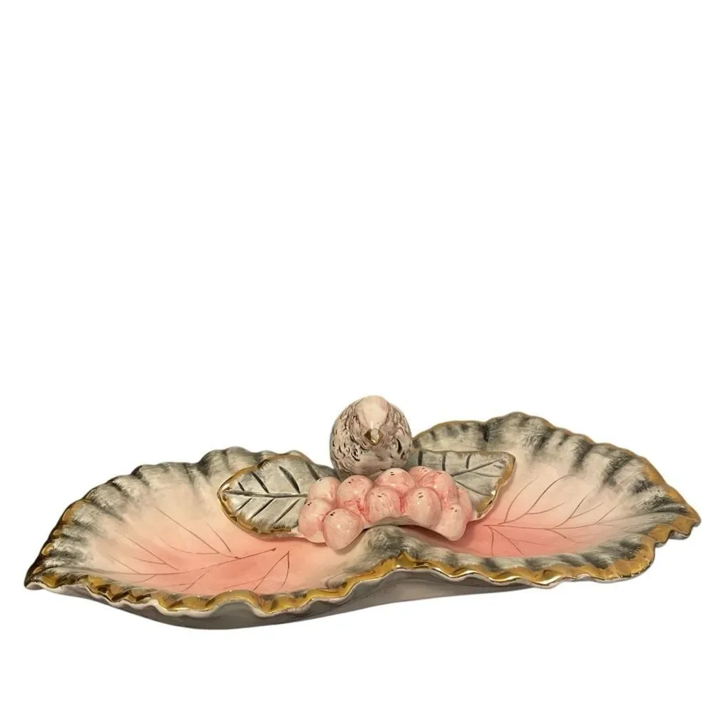 Vintage Ceramic Bird on Leaf Trinket Dish Pink Grey Gold Gilded Catchall 10 Inch
